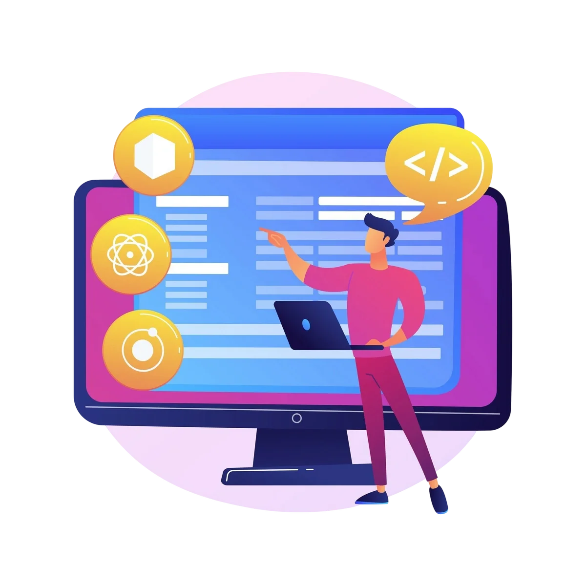Illustration of developer coding on laptop with programming icons and large screen interface illustration.
