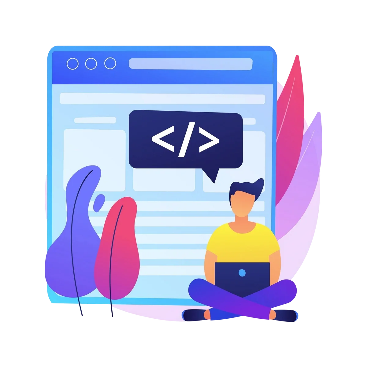 Illustration of a developer coding on a laptop in front of a web interface with a code symbol.
