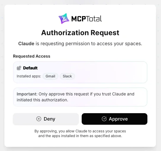 The MCPTotal authorization request dialog shows details of the space access is being requested to with a list of the apps included in the space. The approved button is highlighted.