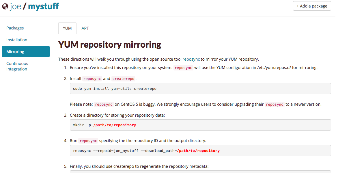 Mirroing tab - YUM Repository Mirroring packagecloud.io