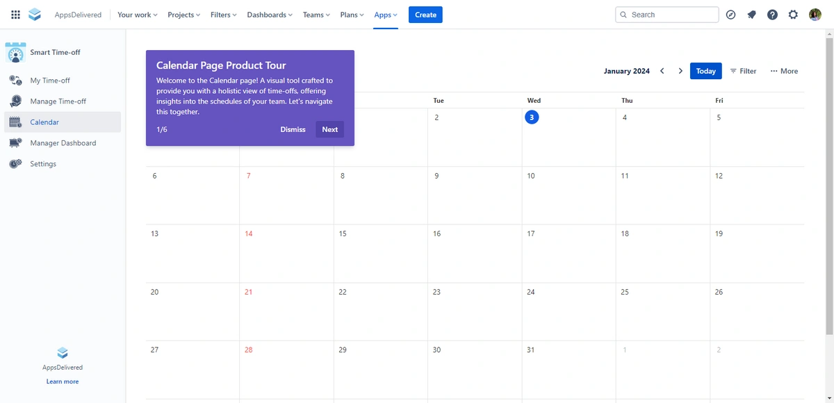 A calendar view within a time-off management tool, showing a monthly layout with the option for a guided product tour.