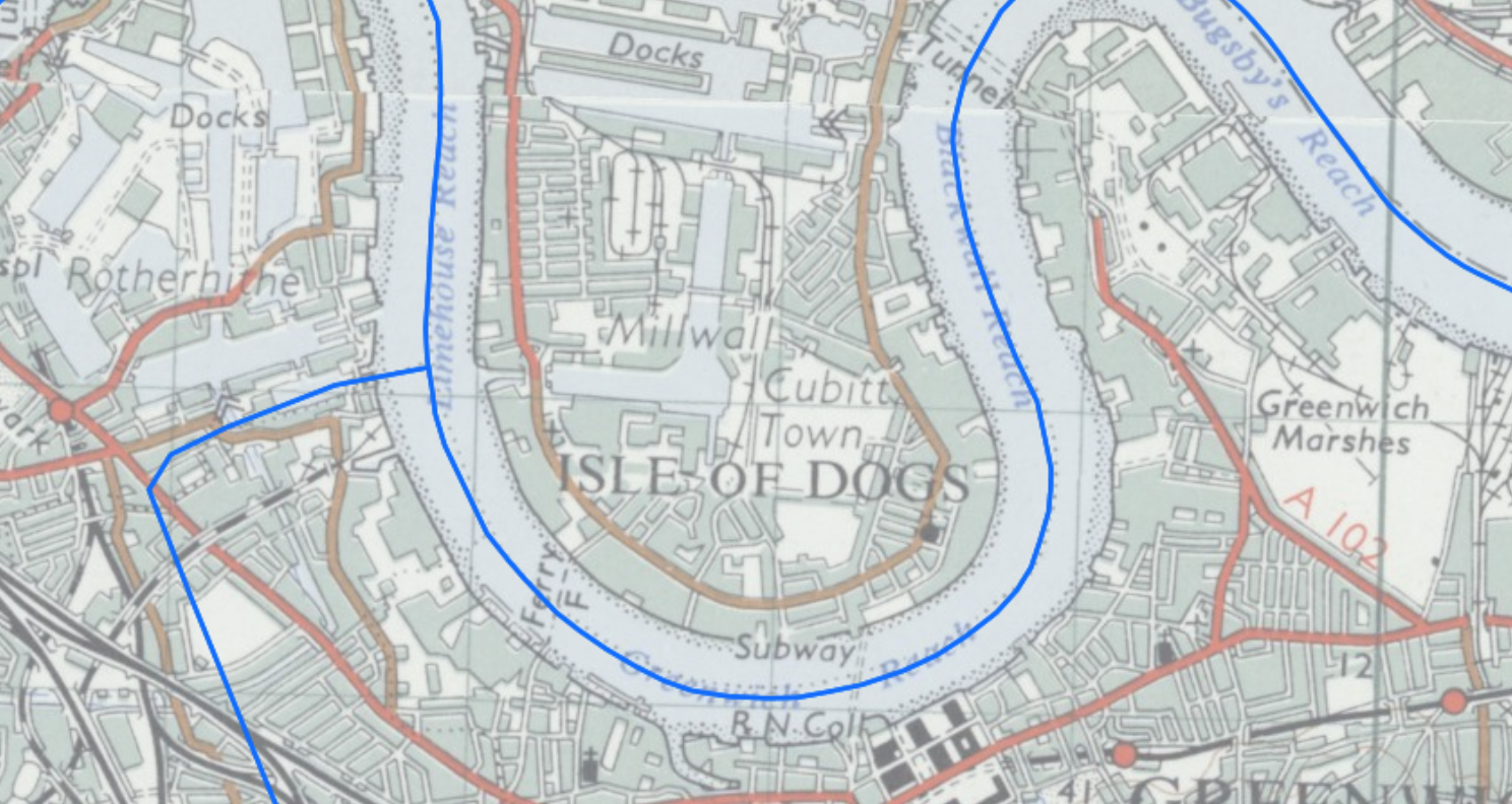 Historic map of Isle of Dogs, London, 1950