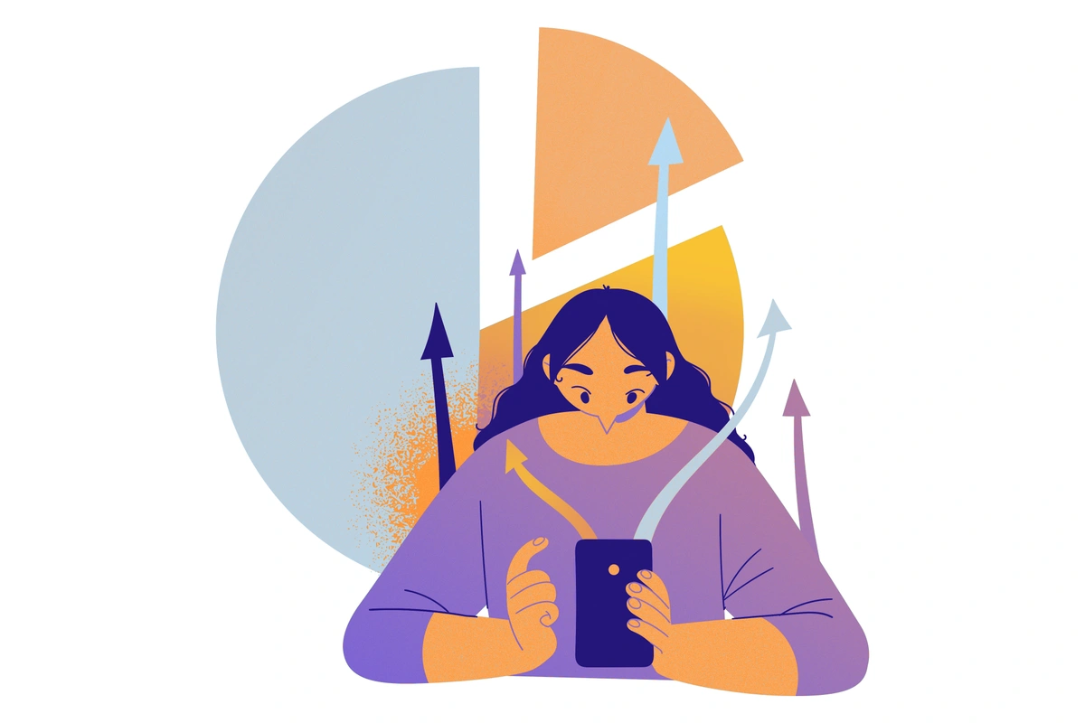 An illustration of a woman looking at a cell phone, arrows and a pie chart surrounding her.