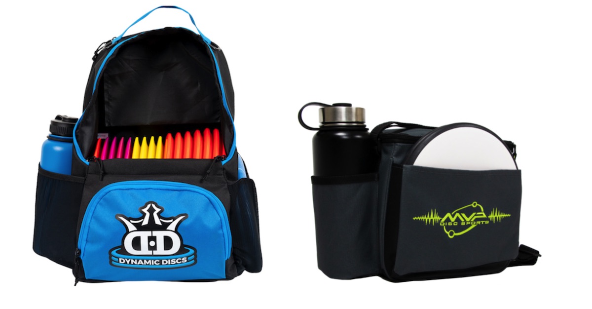 A small blue and black backpack filled with discs and a small black bag with discs and water bottle