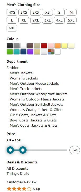 Product filters and details which can be used when shopping online