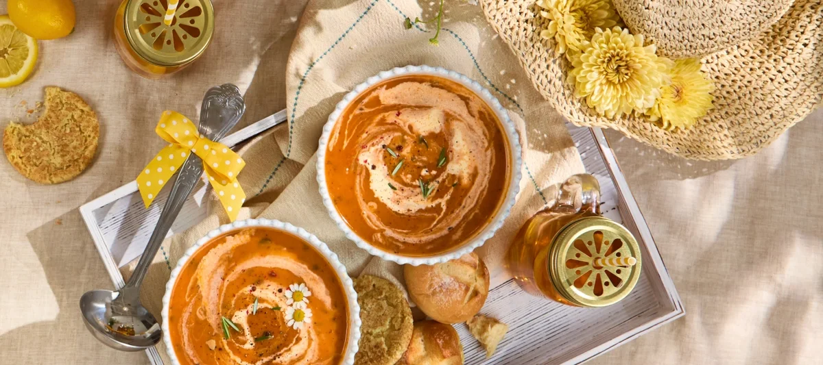 Two bowls of creamy tomato soup served with biscuits and iced tea on a rustic tray, garnished with herbs and surrounded by fresh lemons.
