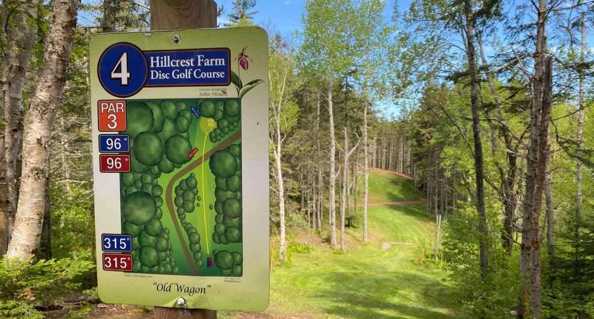 A disc golf tee sign with a well-mown fairway through woods in background