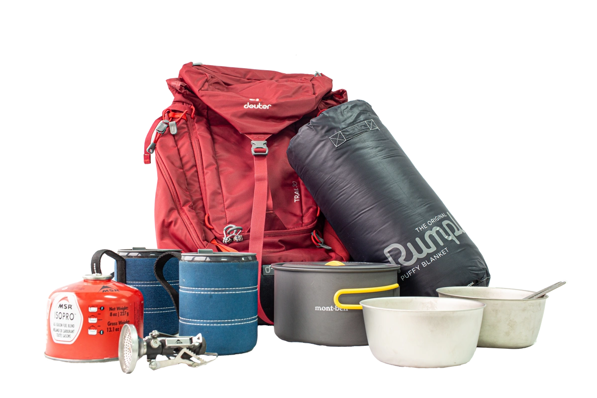 Day Hiking Gear including backpack, stove, fuel, and cookset