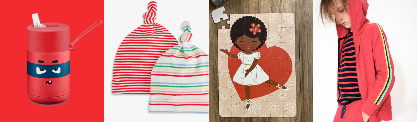 row of red portable cup, baby hats, ballerina puzzle, and child wearing red hoodie with a striped shirt