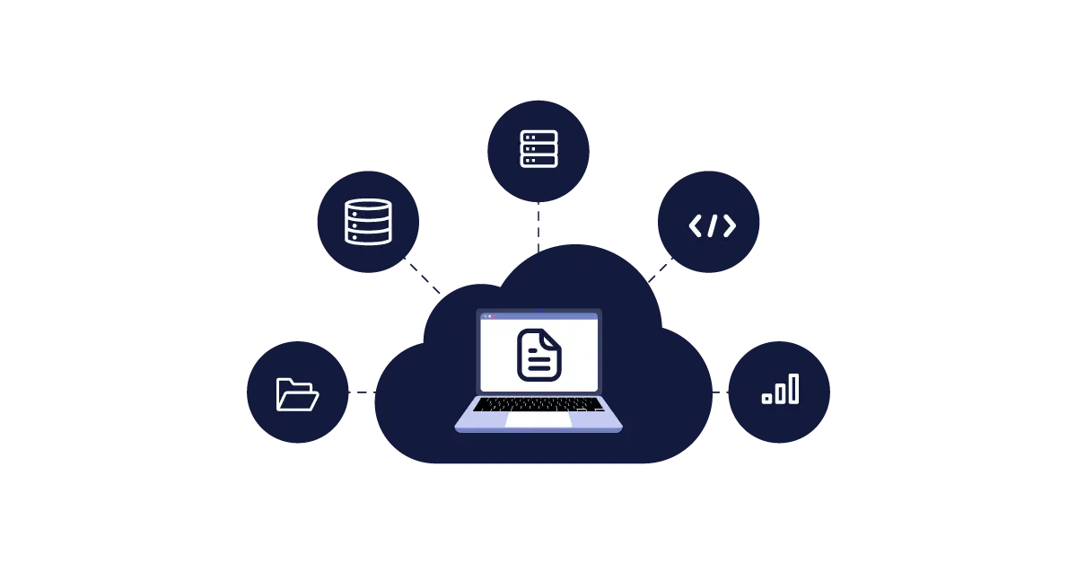 A laptop with a document on it surrounded by multiple symbols. 