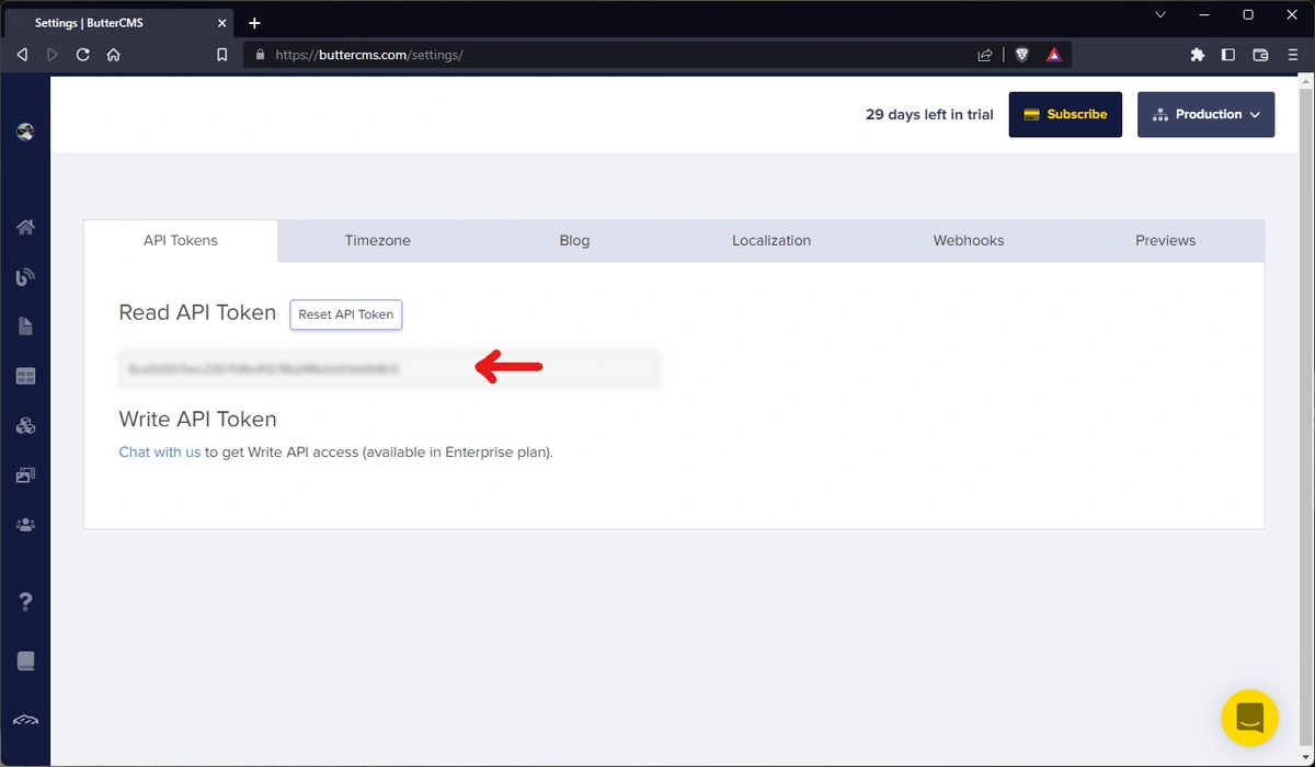 Read API token in a ButterCMS account