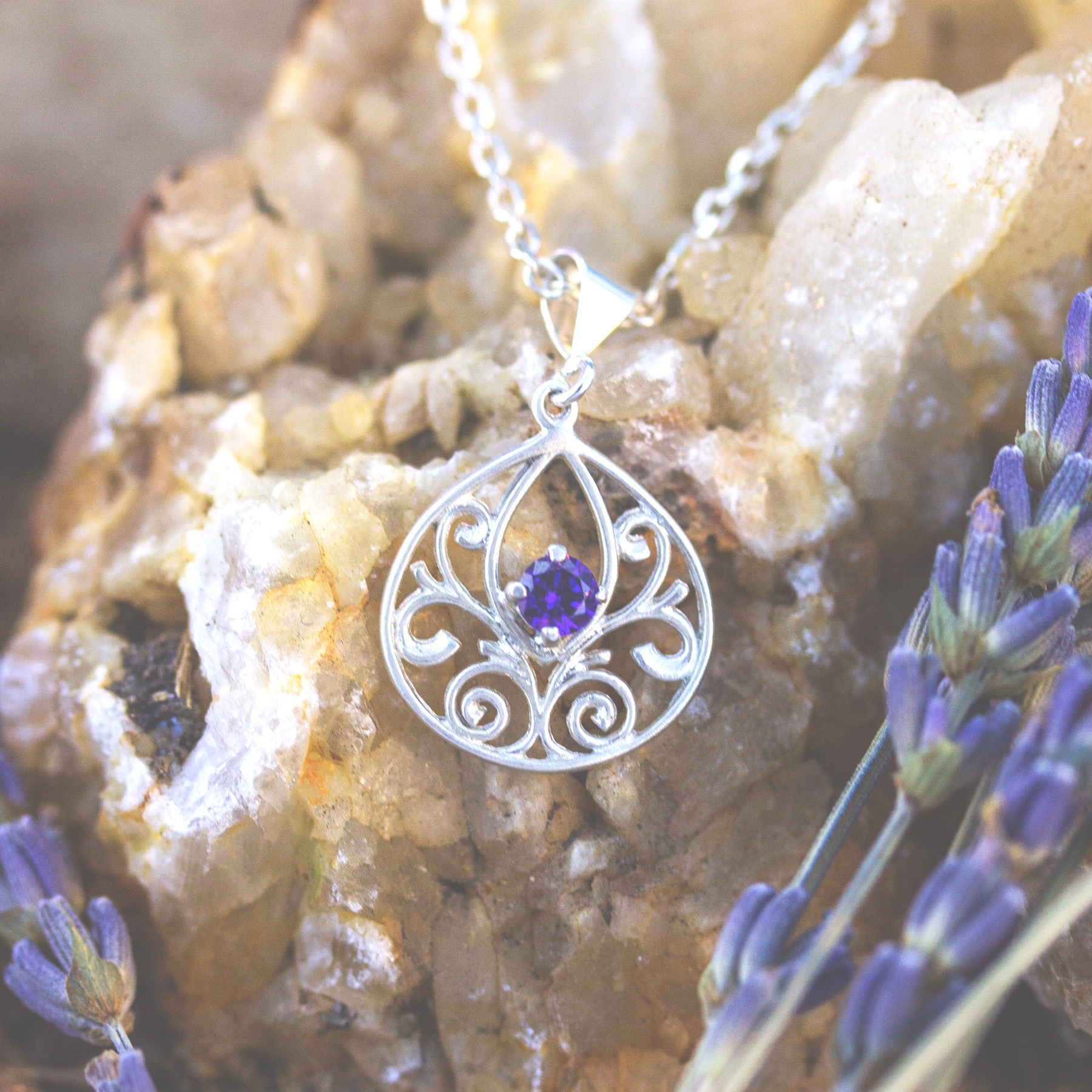 Filigree necklace charm with added amethyst CZ stone