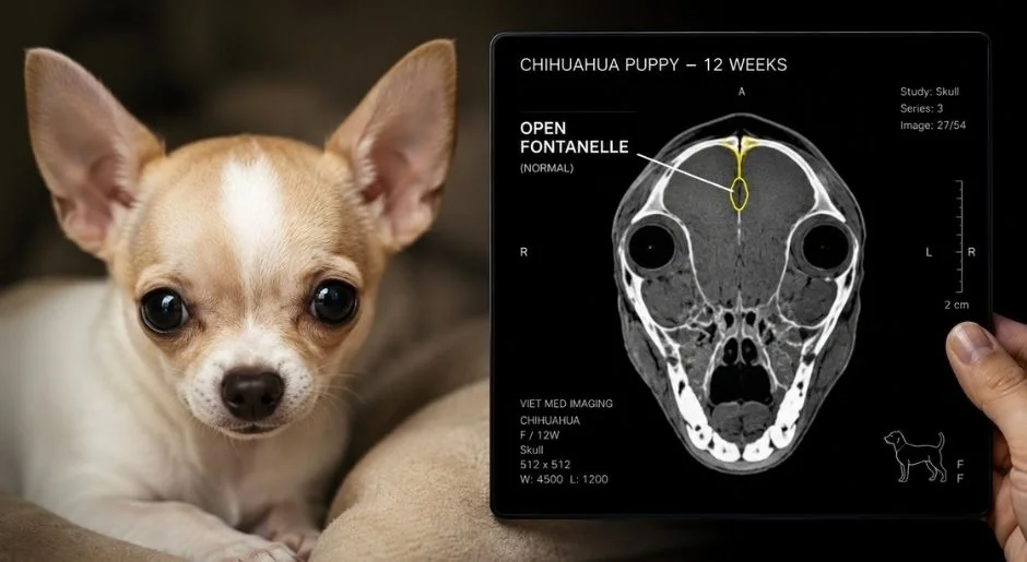 Chihuahua puppy beside CT skull scan showing open fontanelle labeled normal at 12 weeks