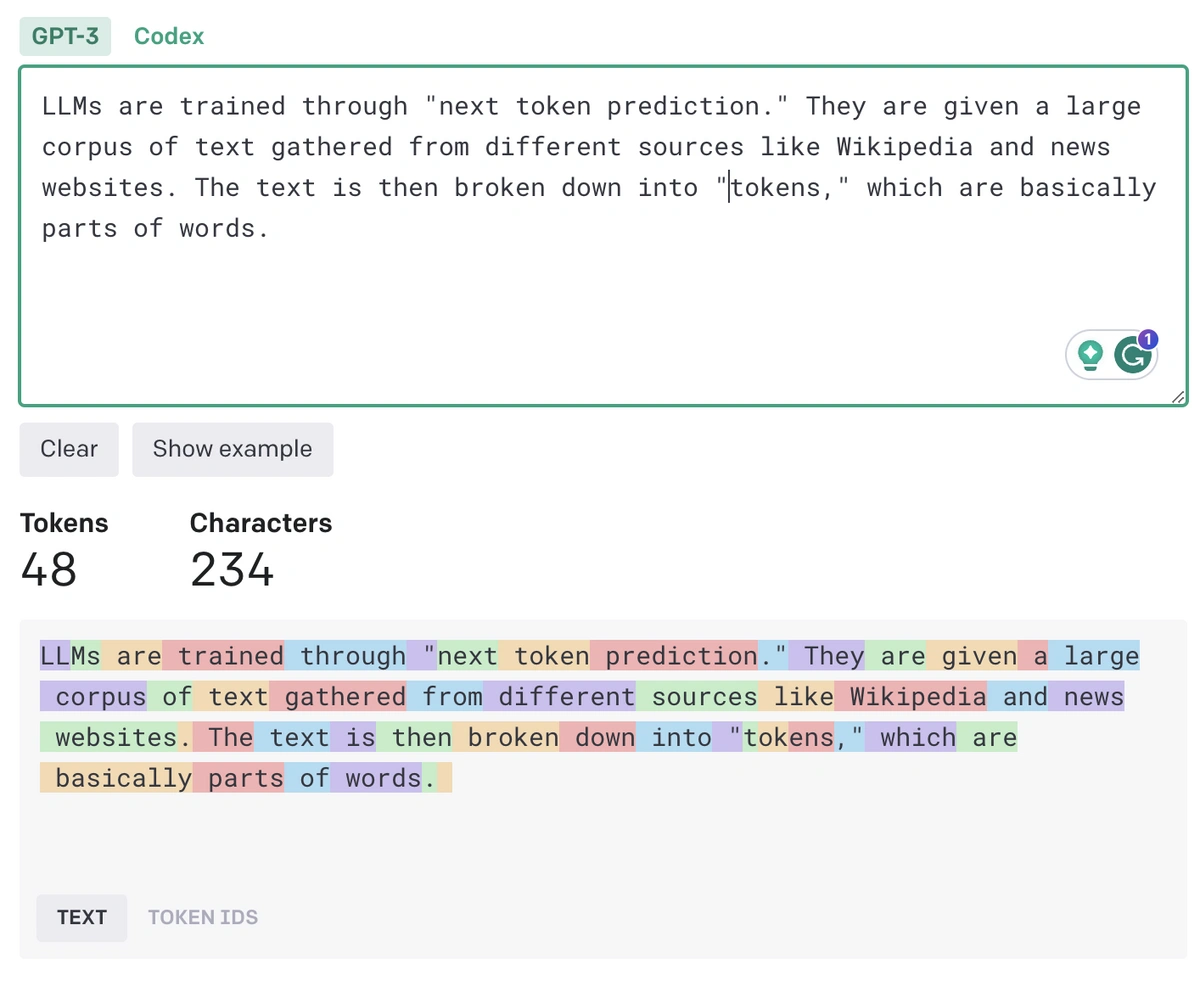 OpenAI's examples of tokens