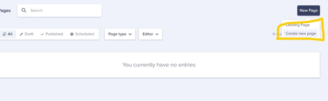 Create new page button 
