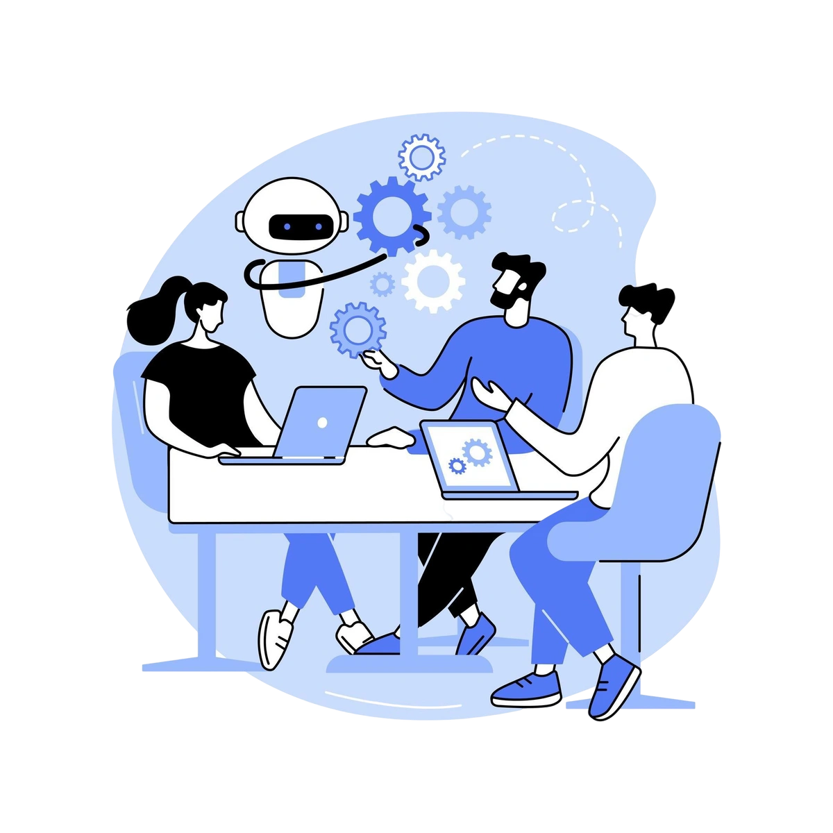 Team members working together with the help of AI teammate to complete project tasks.