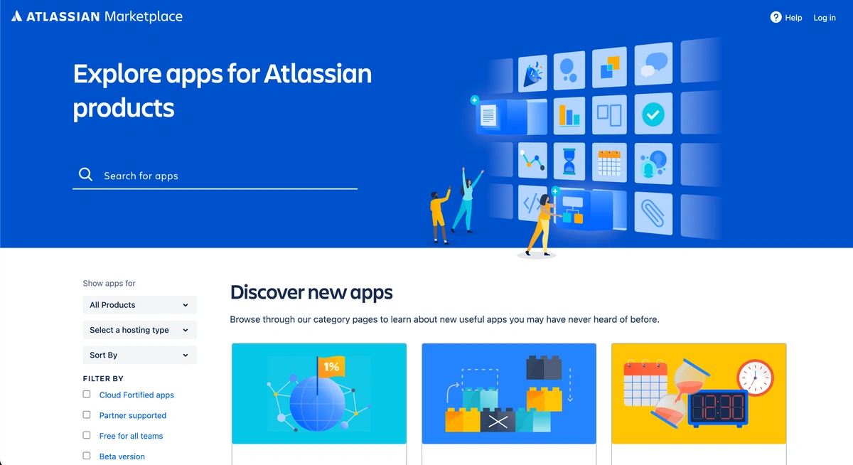 Atlassian Marketplace page with the text 'Explore apps for Atlassian products.' Search bar and category options for discovering new apps. Image credits to Atlassian.