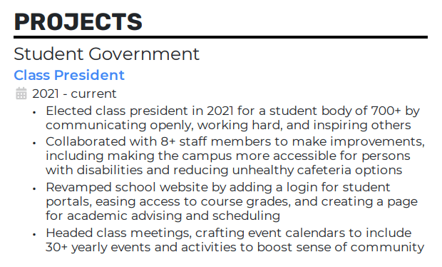 Resume projects section example for a high school student