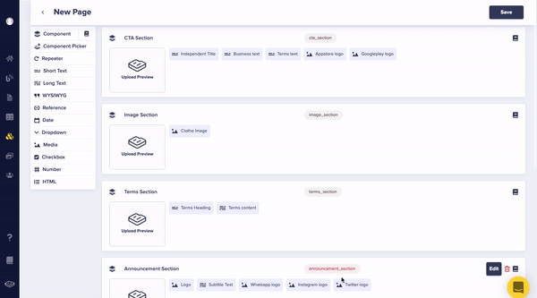 All components selected to be in our new page. Selected from component library.