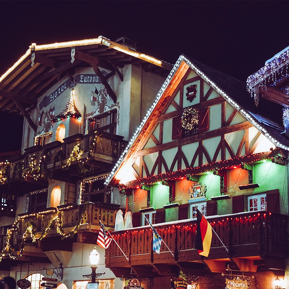Cozy Christmas buildings in Leavenworth, Washington.