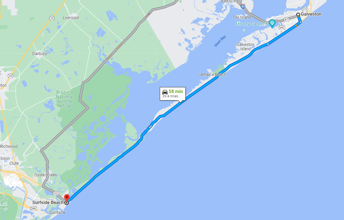 Map of coastal road to Galveston
