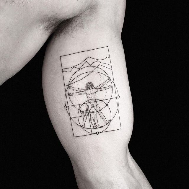 Geometric davinci vitruvian man tattoo