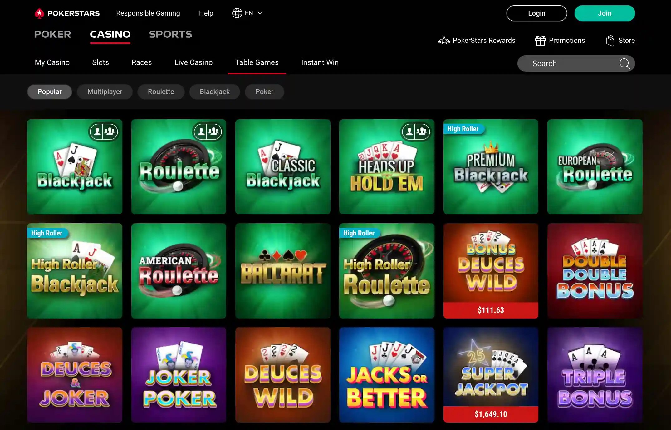 Stars Casino Table Games