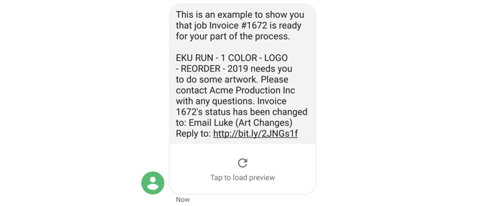 An example text from Printavo about a status change notification
