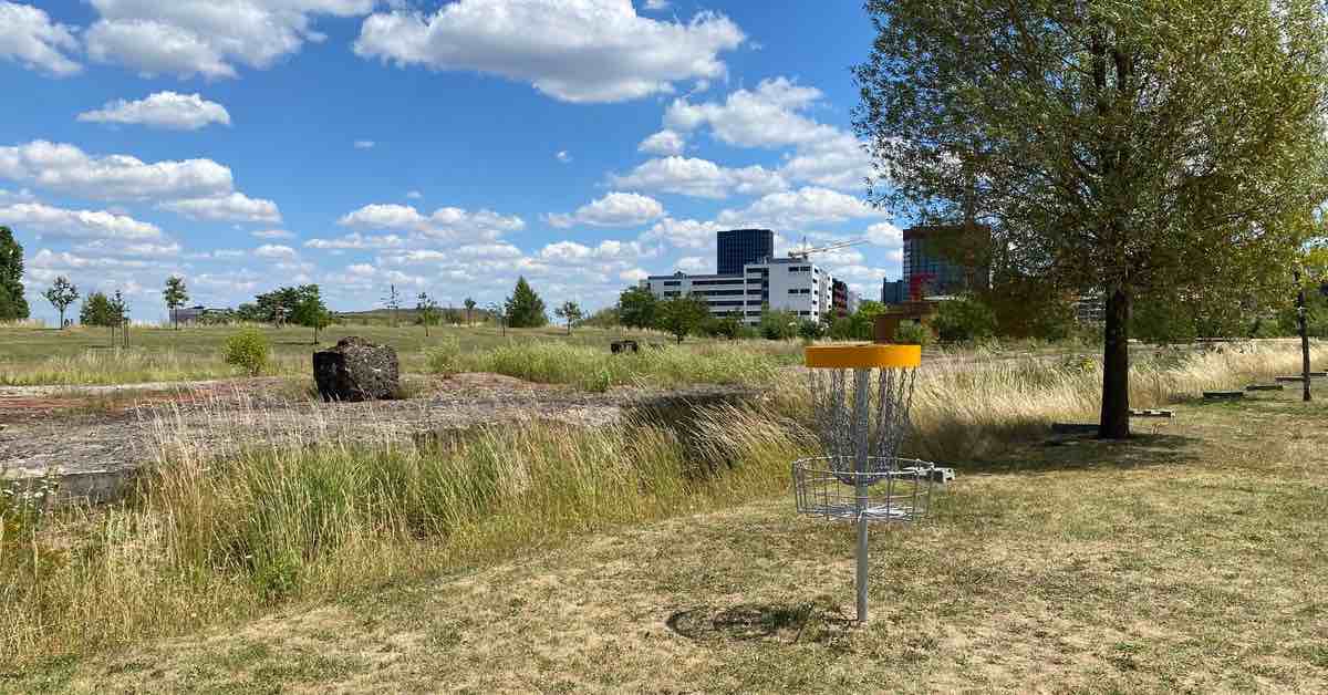 A yellow-banded disc golf basket in a park with a cityscape behind