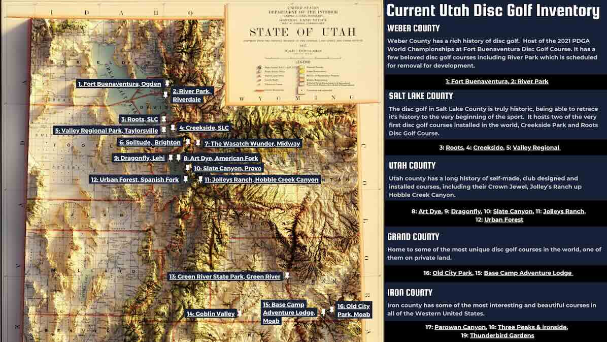 A map of Utah with disc golf course locations and brief information about them