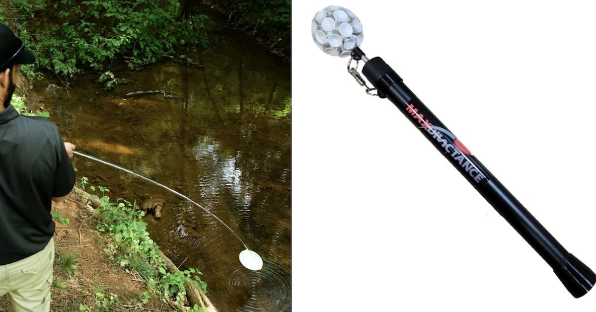 Two photos. Left: A man using a telescopic pole to retrieve a disc from a creek. Right: A telescopic retrieval stick with multidirectional suction cup head