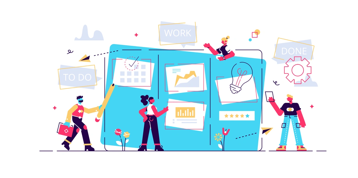 An energetic digital illustration in a flat design style, depicting a diverse group of people interacting with oversized office stationery such as pens and clipboards, symbolizing project management and teamwork in a whimsical manner.