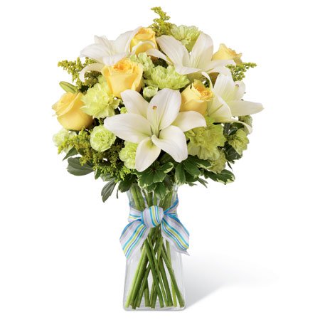 Yellow roses pale green carnations st patricks day bouquet with blue bow