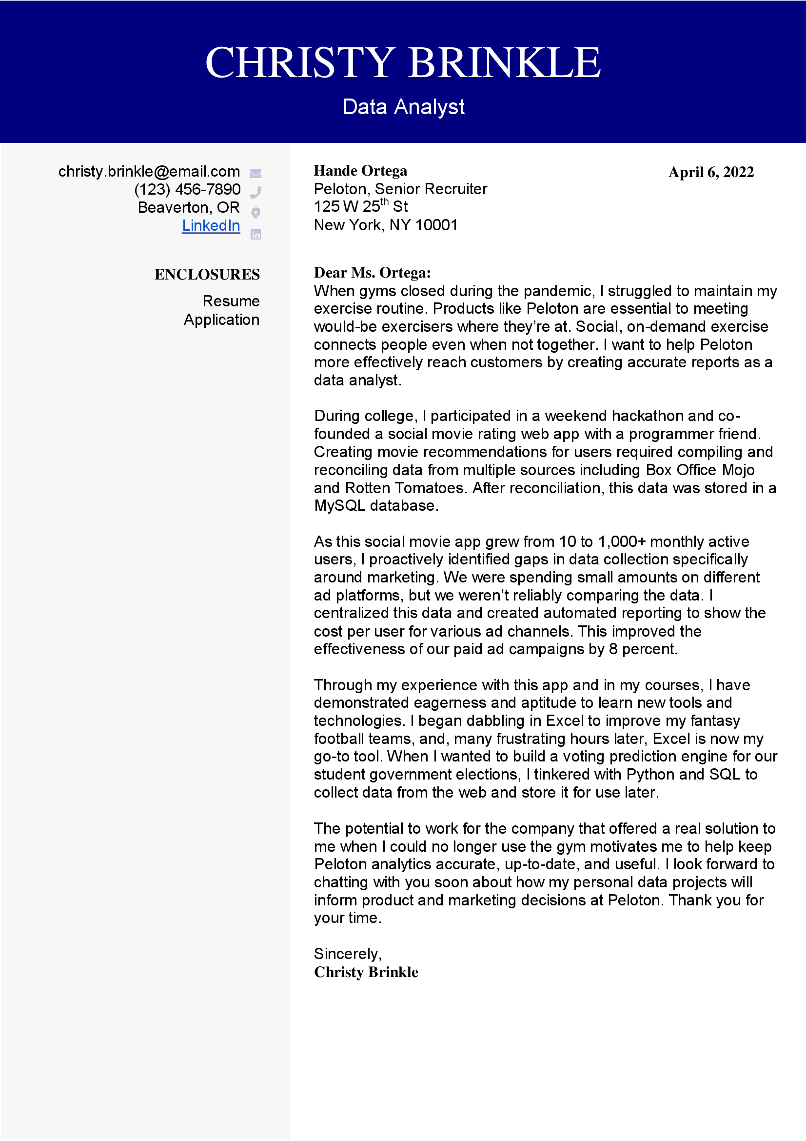Data analyst cover letter with blue header