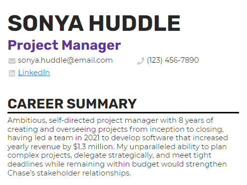 A resume summary for a project manager with 8 years of experience