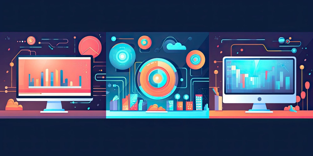 A vibrant, detailed illustration of various data visualization graphics across multiple screens and devices, set against a dark background with neon accents, suggesting advanced analytics and monitoring.