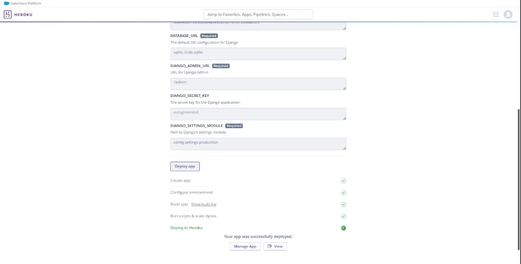 Heroku "deploy app" button at the bottom of the page