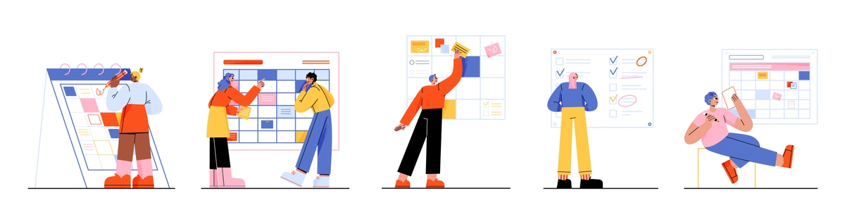 A sequence of illustrations showing individuals in various stages of interaction with planning boards and digital interfaces, representing project management and teamwork.