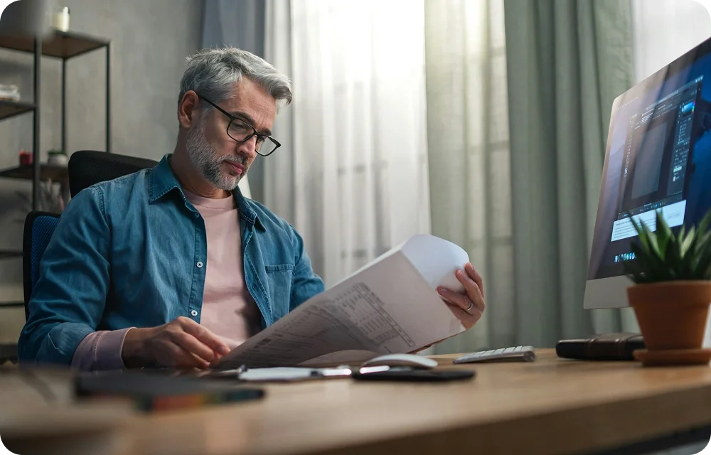 Man wearing glasses looking at reports