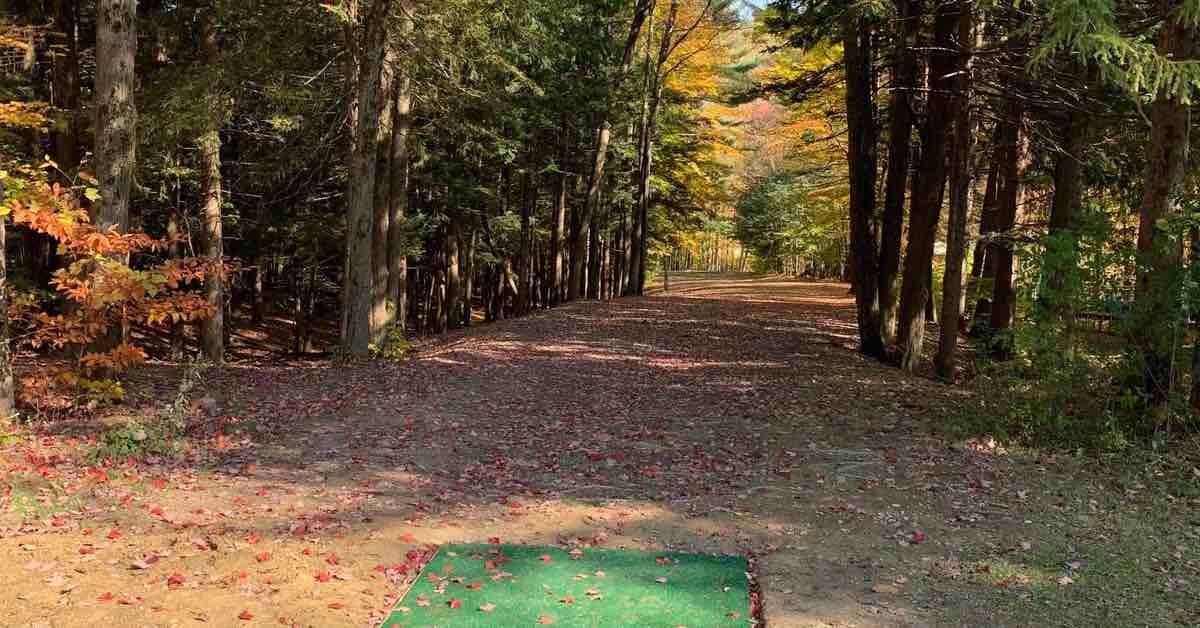 End of a turf disc golf tee pad leads to a wooded fairway in fall colors