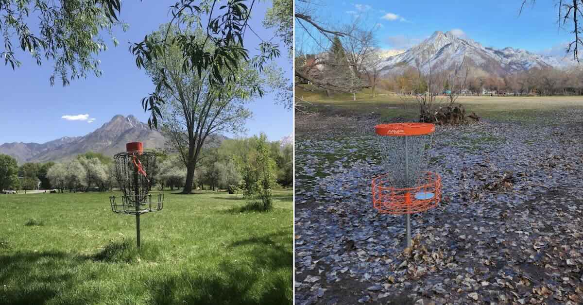 Two photos of disc golf baskets with a dramatic mountain backdrop