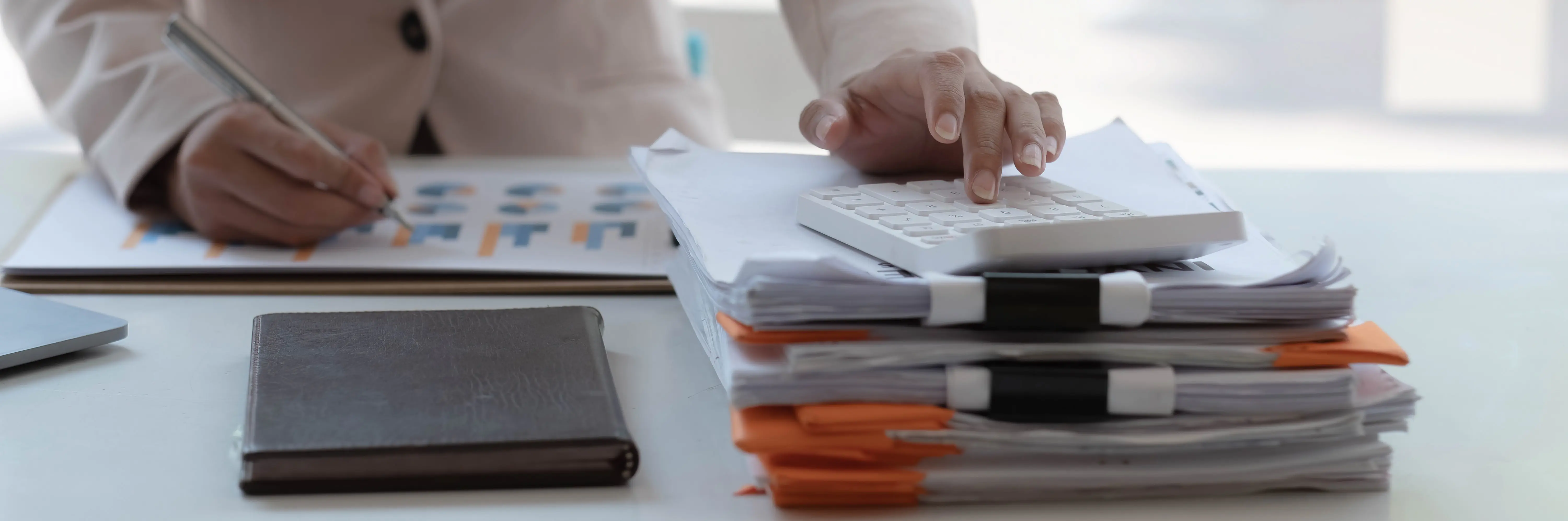 Remote accountant reviewing financial reports and calculating expenses for business accounting operations