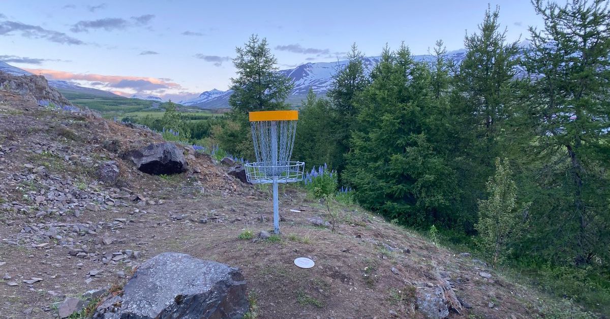 Disc golf basket in a mountainous landscape with snow-capped peaks in the distance