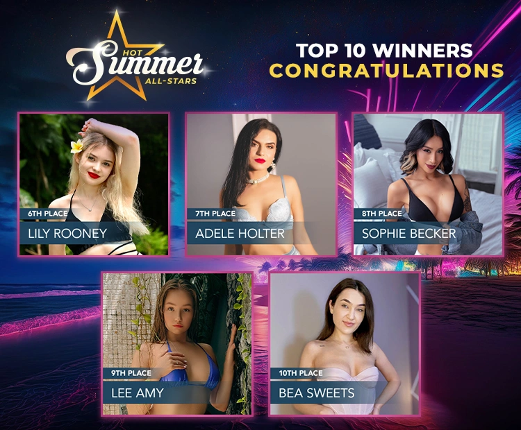 Flirt4Free summer streaming contest cam girl runner-ups Lily Rooney, Adele Holter, Sophie Becker, Lee Amy, and Bea Sweets 