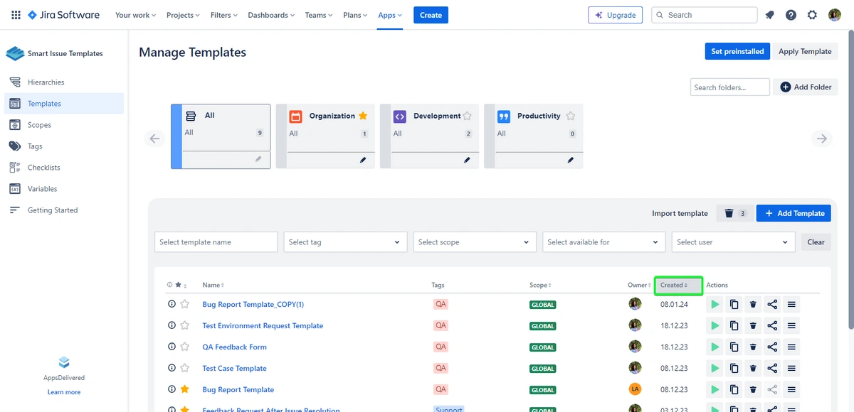 Screenshot of the 'Manage Templates' page in Jira Software, showing a list of issue templates with options for categorization and management.