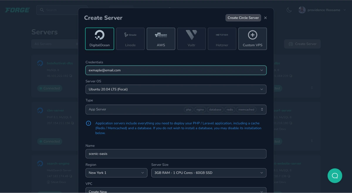 After selecting the server service provider fill out the fields that pop up