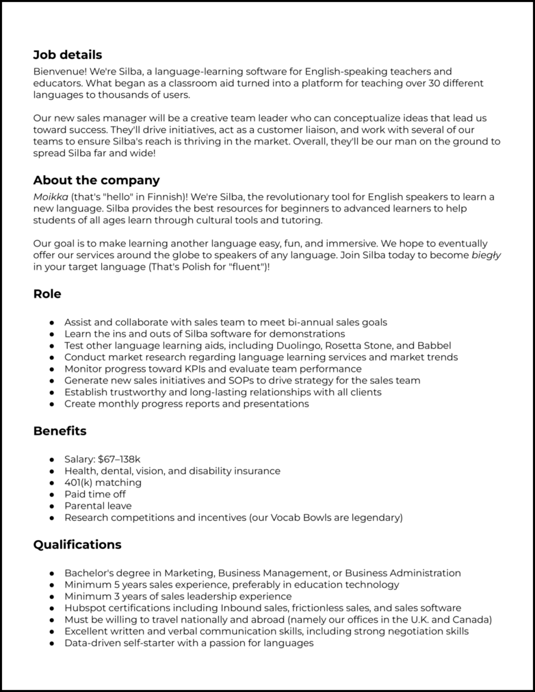 job description template sales manager