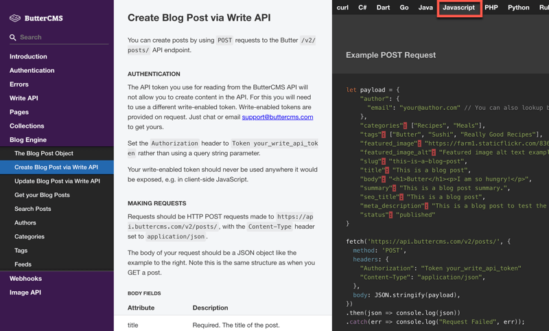 ButterCMS Write API docs