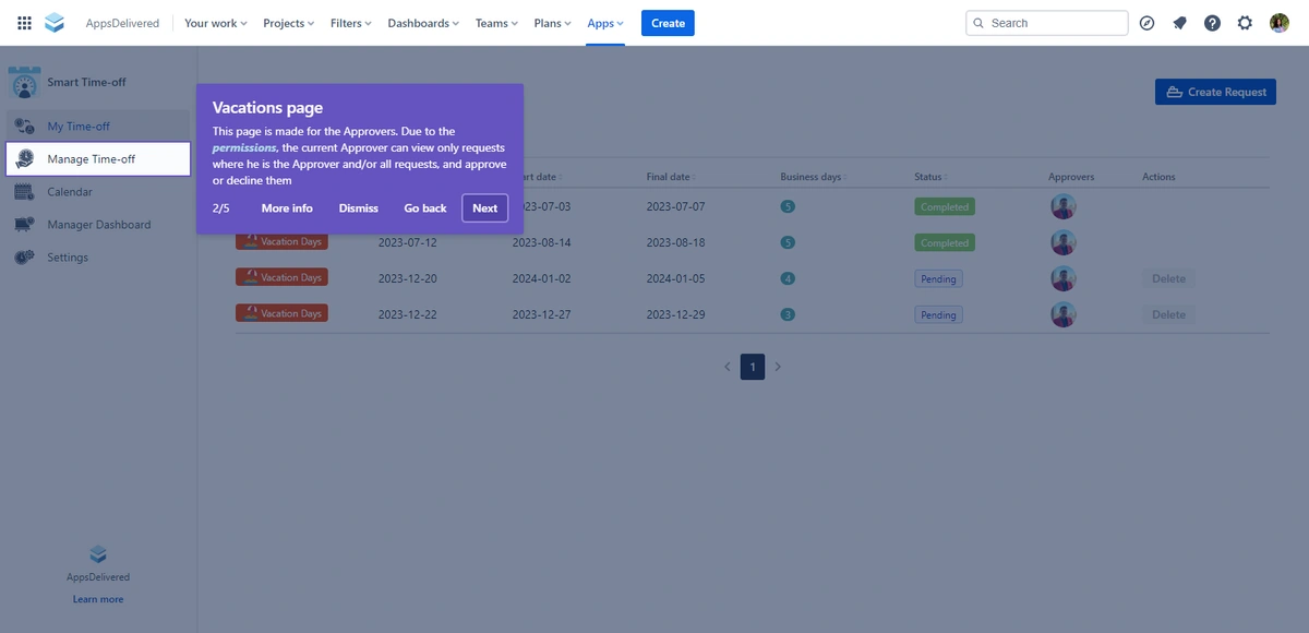 A vacations management page from a time-off tracking system displaying individual vacation requests and their approval statuses.