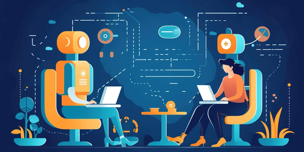 Illustration of a robot and human working at laptops, symbolizing AI and human collaboration.